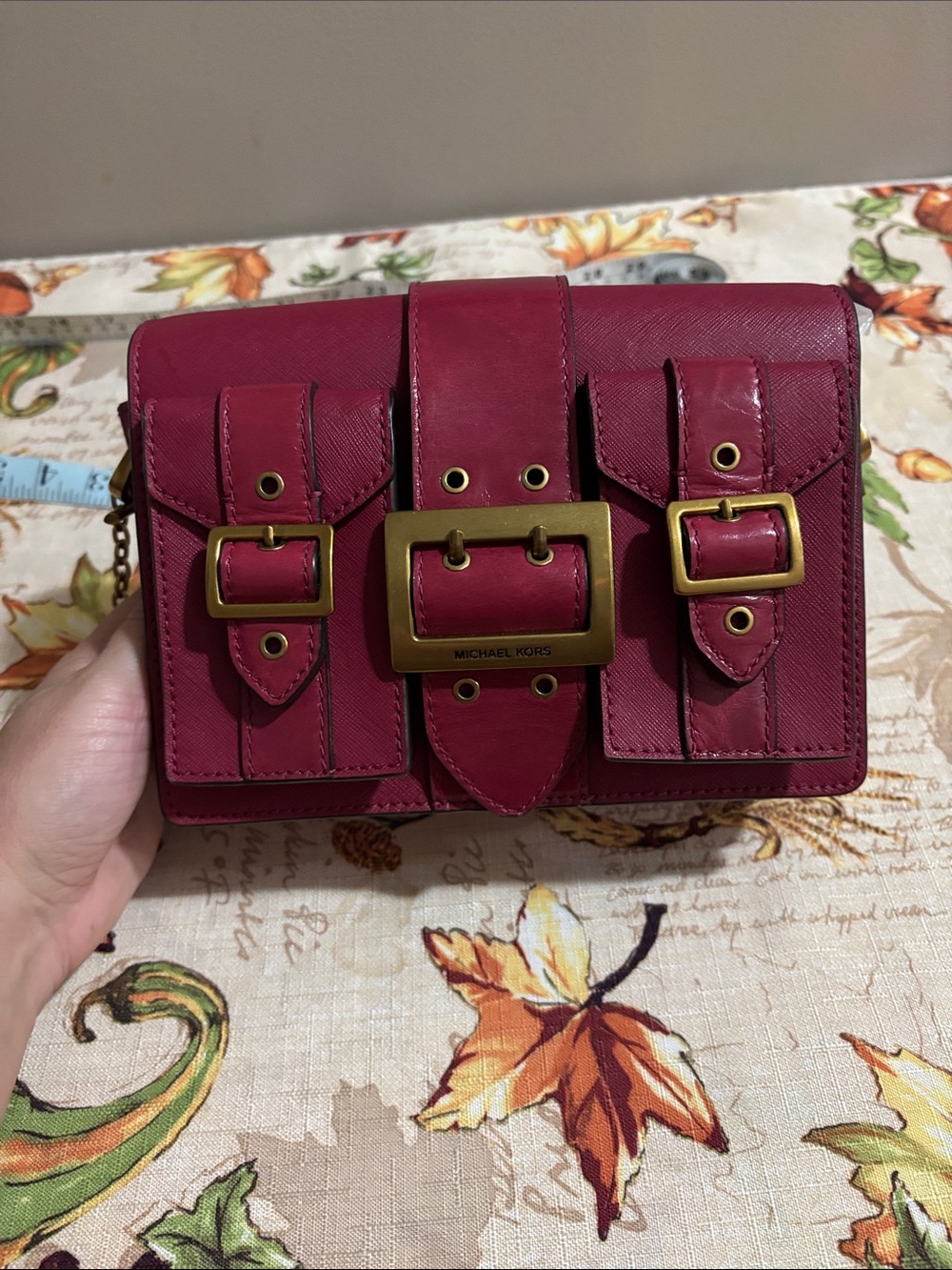 Michael Kors Deep Red /Dark PinkSaffiano Leather Buckle Wristlet